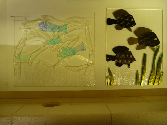 glass evening class for beginners in Kent- students' creations in the kiln