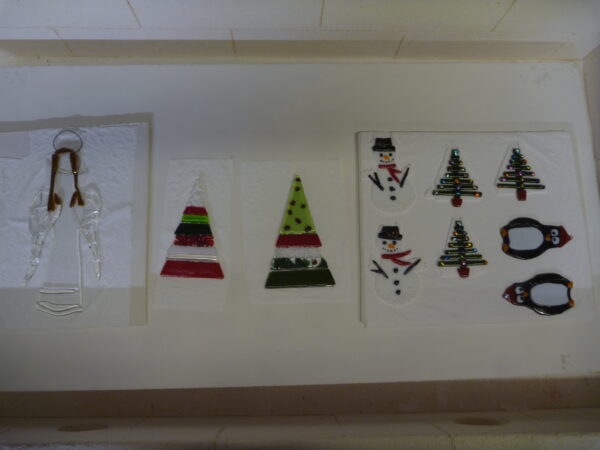 on our Covid secure glass fusing for Christmas course, the class's creations are in the kiln