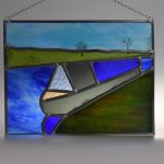 Peaceful daytime mooring on the riverbank in Cheshire - canal boat stained glass panel